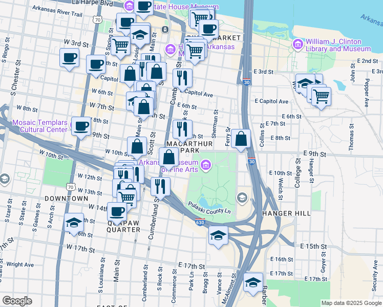 map of restaurants, bars, coffee shops, grocery stores, and more near 402 East 9th Street in Little Rock