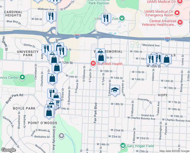 map of restaurants, bars, coffee shops, grocery stores, and more near 1324 Fair Park Boulevard in Little Rock