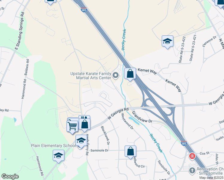 map of restaurants, bars, coffee shops, grocery stores, and more near 109 Hartland Place in Simpsonville