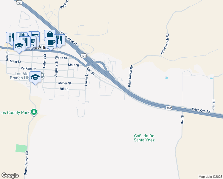 map of restaurants, bars, coffee shops, grocery stores, and more near 969 Vintage Way in Los Alamos