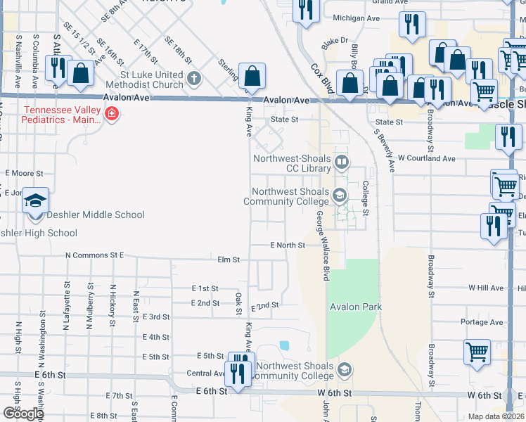 map of restaurants, bars, coffee shops, grocery stores, and more near 800-910 Virginia Avenue in Tuscumbia