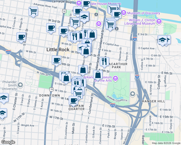 map of restaurants, bars, coffee shops, grocery stores, and more near 900 Scott Street in Little Rock