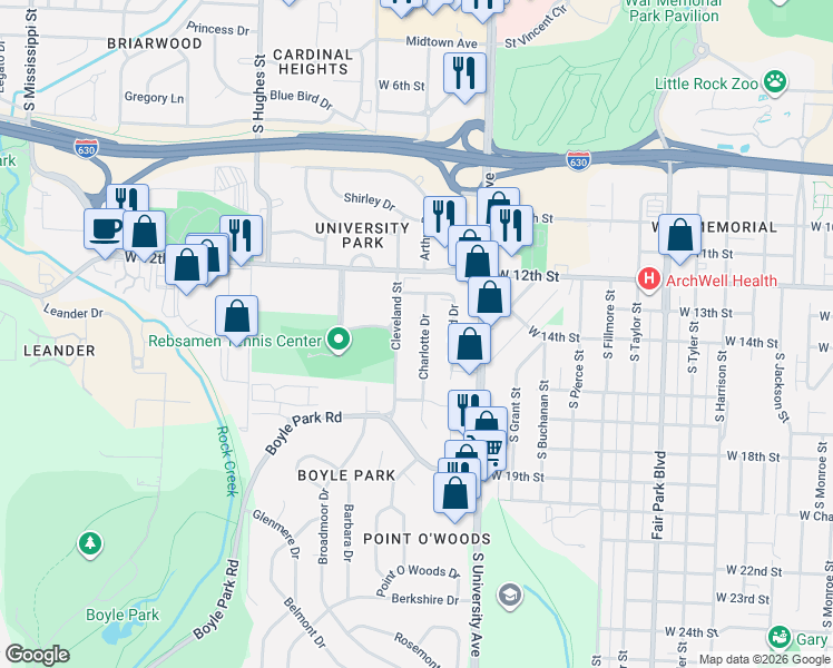 map of restaurants, bars, coffee shops, grocery stores, and more near 1400 Charlotte Drive in Little Rock