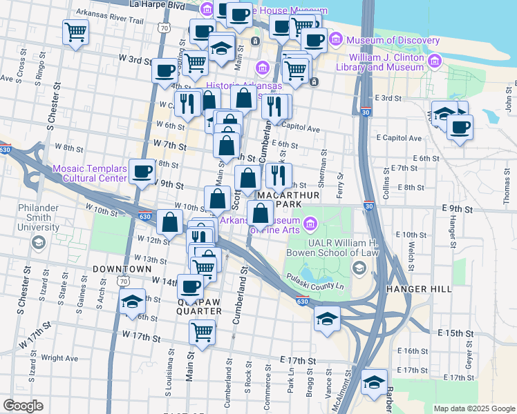 map of restaurants, bars, coffee shops, grocery stores, and more near 909 Cumberland Street in Little Rock