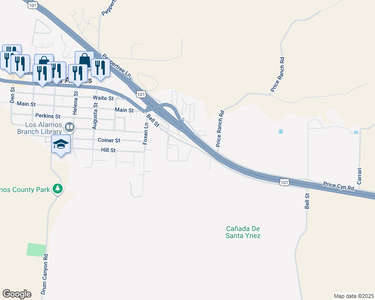 map of restaurants, bars, coffee shops, grocery stores, and more near 969 Vintage Way in Los Alamos