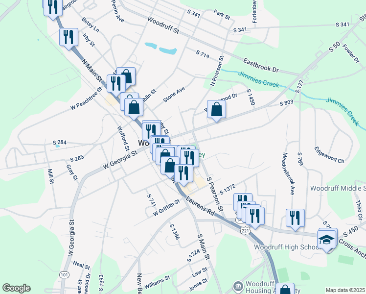 map of restaurants, bars, coffee shops, grocery stores, and more near 270 East Hayne Street in Woodruff