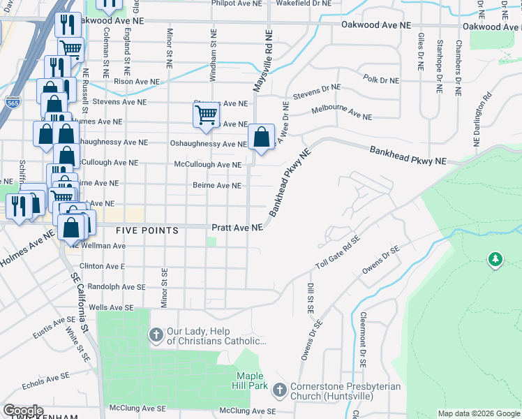map of restaurants, bars, coffee shops, grocery stores, and more near 1707 Ward Avenue Northeast in Huntsville