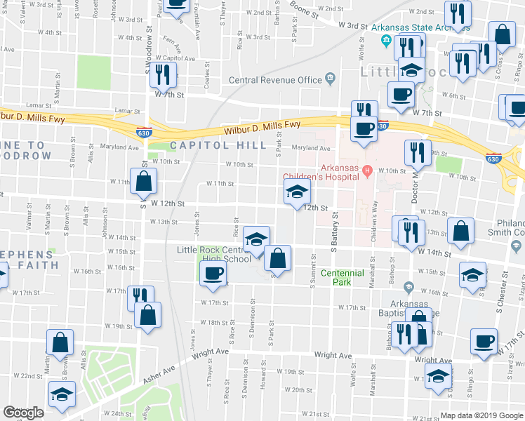 map of restaurants, bars, coffee shops, grocery stores, and more near 1118 South Park Street in Little Rock