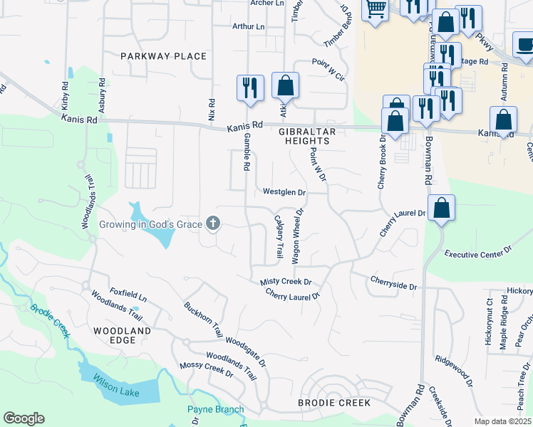 map of restaurants, bars, coffee shops, grocery stores, and more near 12 Laramie Lane in Little Rock
