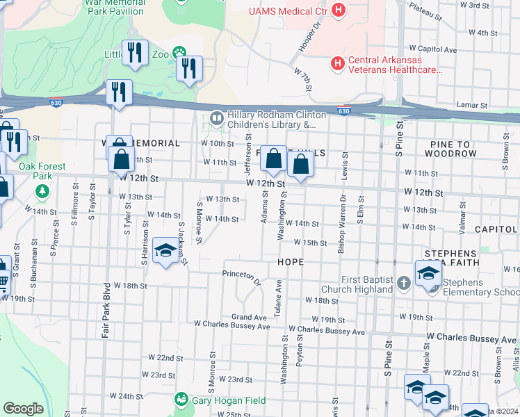 map of restaurants, bars, coffee shops, grocery stores, and more near 1306 Adams Street in Little Rock
