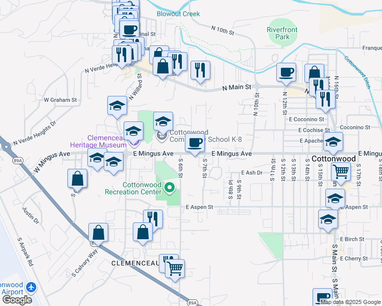 map of restaurants, bars, coffee shops, grocery stores, and more near 401 North Quail Trail in Cottonwood