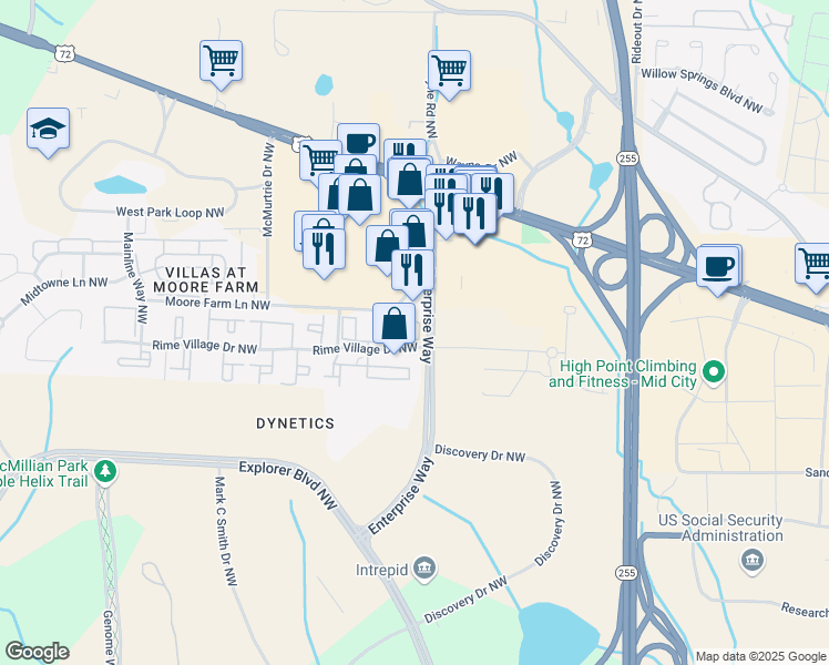 map of restaurants, bars, coffee shops, grocery stores, and more near 6200 Rime Village Drive Northwest in Huntsville