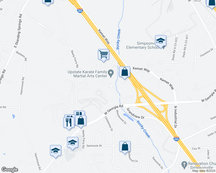 map of restaurants, bars, coffee shops, grocery stores, and more near 115 Hartland Place in Simpsonville