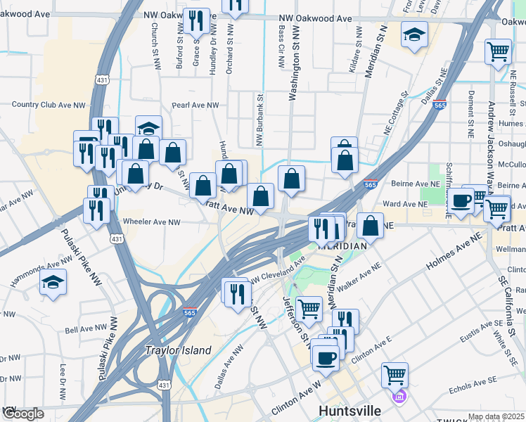 map of restaurants, bars, coffee shops, grocery stores, and more near Pratt Avenue Northwest in Huntsville