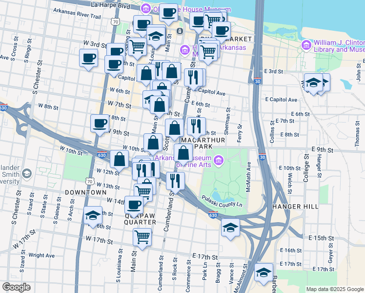 map of restaurants, bars, coffee shops, grocery stores, and more near 909 Cumberland Street in Little Rock