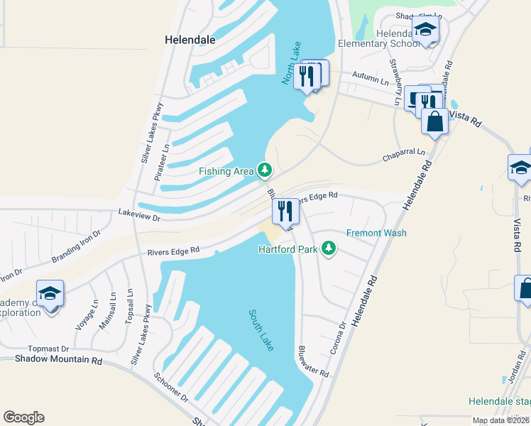 map of restaurants, bars, coffee shops, grocery stores, and more near 14612 Rivers Edge Road in Helendale