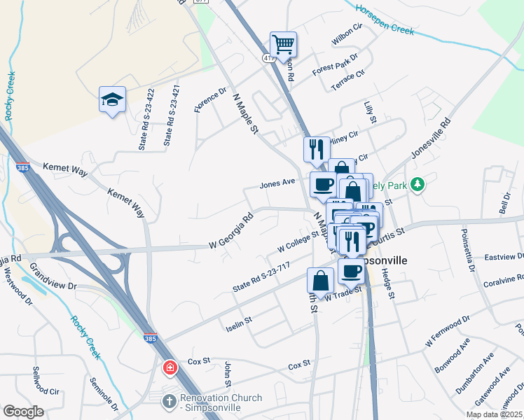 map of restaurants, bars, coffee shops, grocery stores, and more near 202 West Georgia Road in Simpsonville