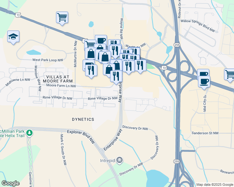 map of restaurants, bars, coffee shops, grocery stores, and more near 6200 Rime Village Drive Northwest in Huntsville