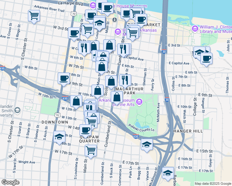 map of restaurants, bars, coffee shops, grocery stores, and more near 822 Cumberland Street in Little Rock