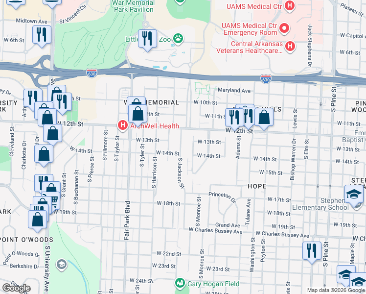 map of restaurants, bars, coffee shops, grocery stores, and more near 1301 South Jackson Street in Little Rock