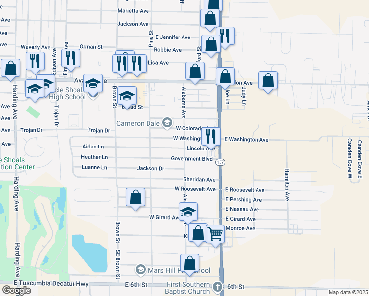 map of restaurants, bars, coffee shops, grocery stores, and more near 3201 Alabama Avenue in Muscle Shoals