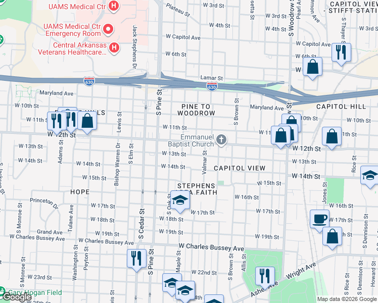 map of restaurants, bars, coffee shops, grocery stores, and more near 1212 South Valentine Street in Little Rock