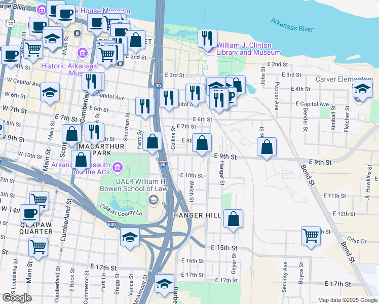 map of restaurants, bars, coffee shops, grocery stores, and more near 1000 East 9th Street in Little Rock