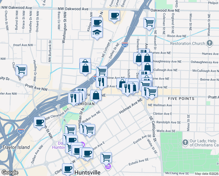 map of restaurants, bars, coffee shops, grocery stores, and more near 301 Ward Avenue Northeast in Huntsville