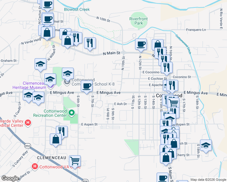 map of restaurants, bars, coffee shops, grocery stores, and more near 16 North 10th Street in Cottonwood