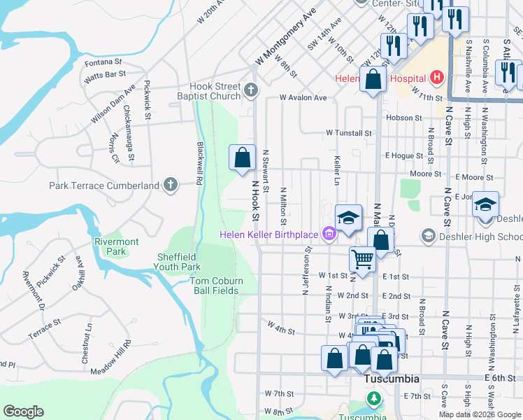 map of restaurants, bars, coffee shops, grocery stores, and more near 728-798 N Hook St in Tuscumbia