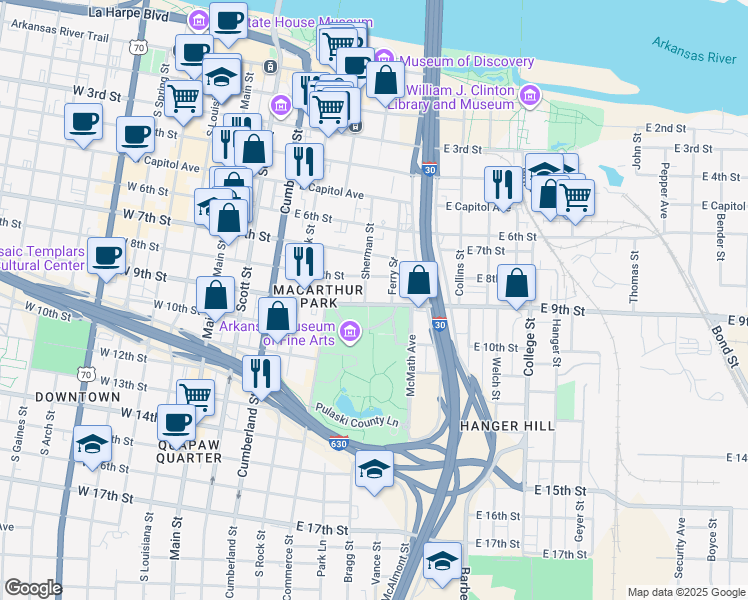 map of restaurants, bars, coffee shops, grocery stores, and more near 823 Sherman Street in Little Rock