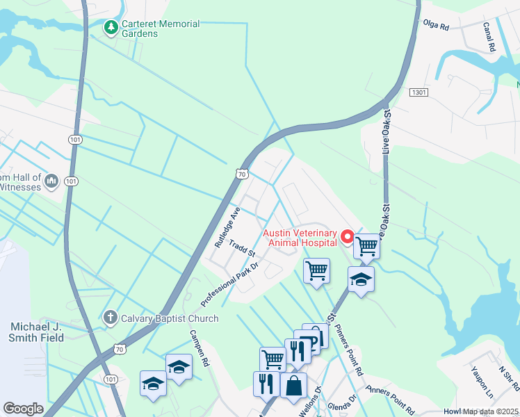 map of restaurants, bars, coffee shops, grocery stores, and more near 416 Meeting Street in Beaufort