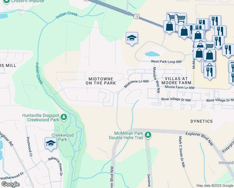 map of restaurants, bars, coffee shops, grocery stores, and more near 1100 Pegasus Drive Northwest in Huntsville