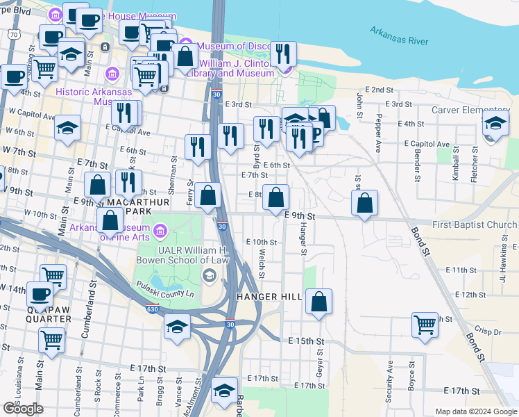 map of restaurants, bars, coffee shops, grocery stores, and more near 1000 East 9th Street in Little Rock