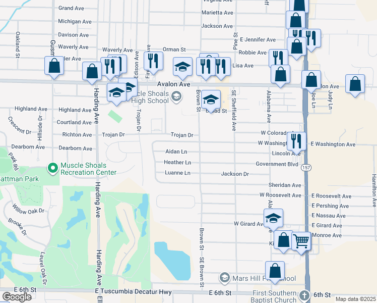 map of restaurants, bars, coffee shops, grocery stores, and more near 104 Aidan Lane in Muscle Shoals