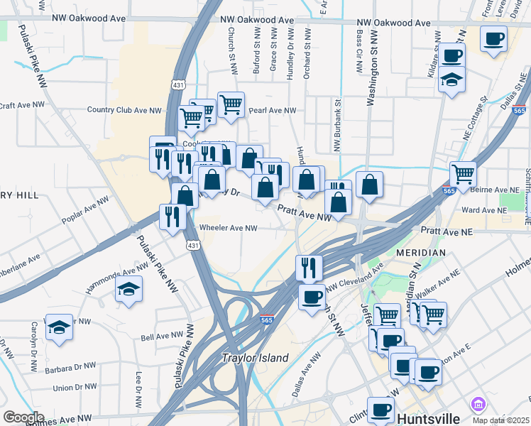 map of restaurants, bars, coffee shops, grocery stores, and more near 1701 University Drive Northwest in Huntsville