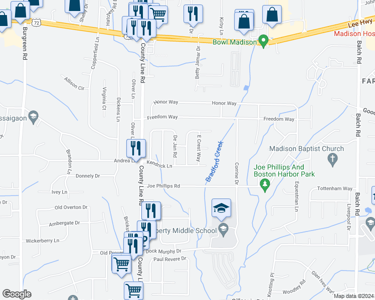 map of restaurants, bars, coffee shops, grocery stores, and more near 108 Autumn Haven Lane in Madison