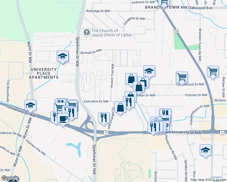 map of restaurants, bars, coffee shops, grocery stores, and more near 1410 Ascent Trail Northwest in Huntsville