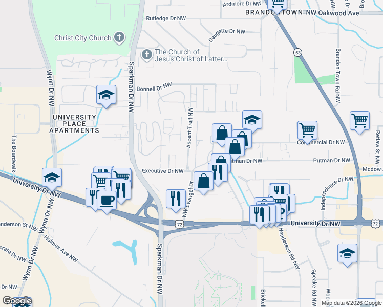 map of restaurants, bars, coffee shops, grocery stores, and more near 1410 Ascent Trail Northwest in Huntsville