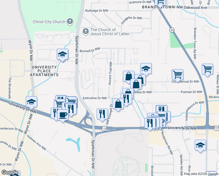 map of restaurants, bars, coffee shops, grocery stores, and more near 1410 Ascent Trail Northwest in Huntsville