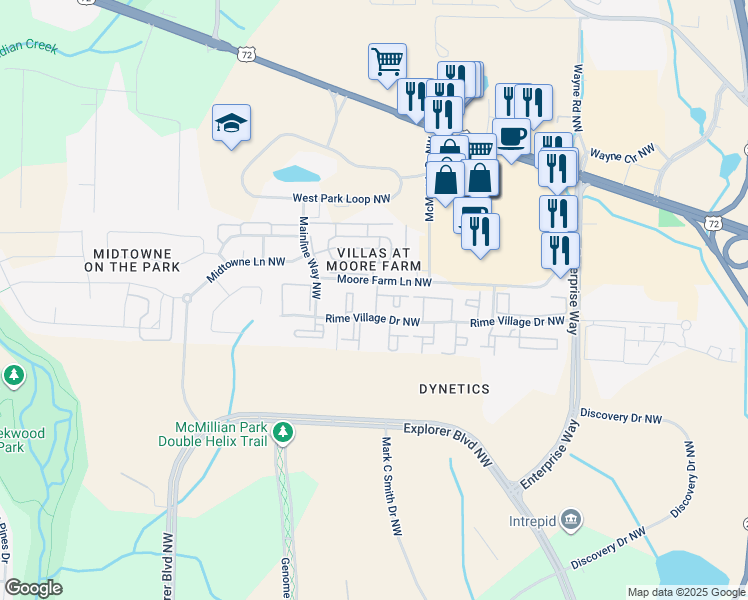 map of restaurants, bars, coffee shops, grocery stores, and more near 6244 Rime Village Drive Northwest in Huntsville
