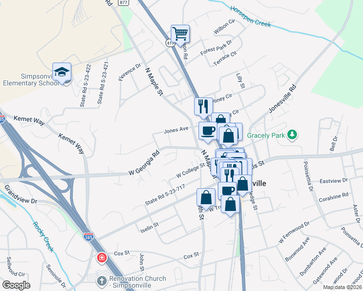 map of restaurants, bars, coffee shops, grocery stores, and more near 177 County Road 272 in Simpsonville
