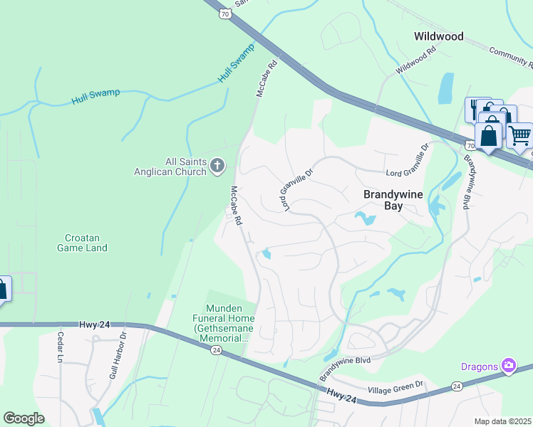 map of restaurants, bars, coffee shops, grocery stores, and more near 202 Westchester Drive in Morehead City