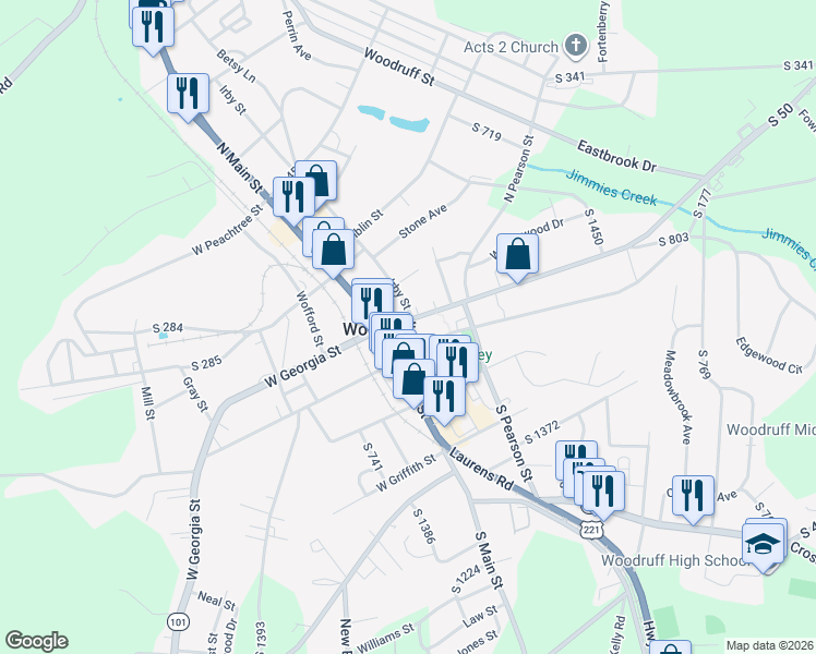 map of restaurants, bars, coffee shops, grocery stores, and more near in Woodruff