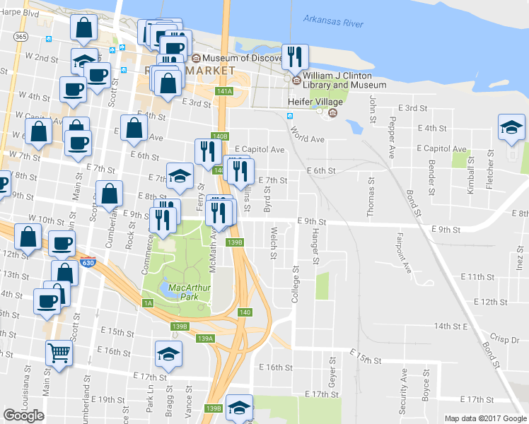 map of restaurants, bars, coffee shops, grocery stores, and more near 818 Byrd Street in Little Rock
