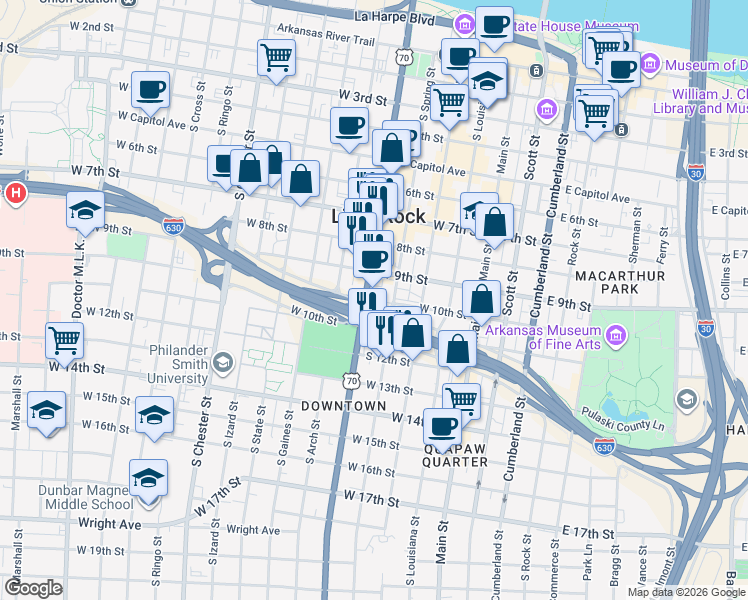 map of restaurants, bars, coffee shops, grocery stores, and more near 599 West 10th Street in Little Rock