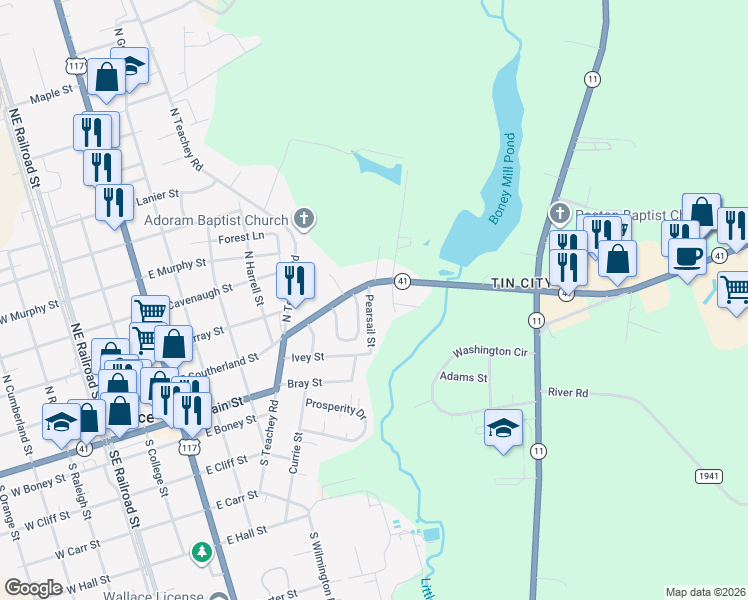 map of restaurants, bars, coffee shops, grocery stores, and more near 109 Pearsail Street in Wallace