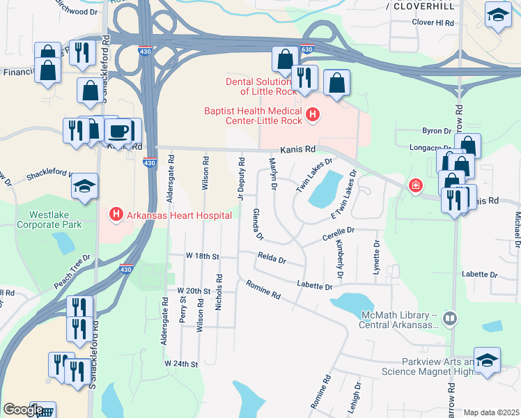map of restaurants, bars, coffee shops, grocery stores, and more near 1408 Glenda Drive in Little Rock