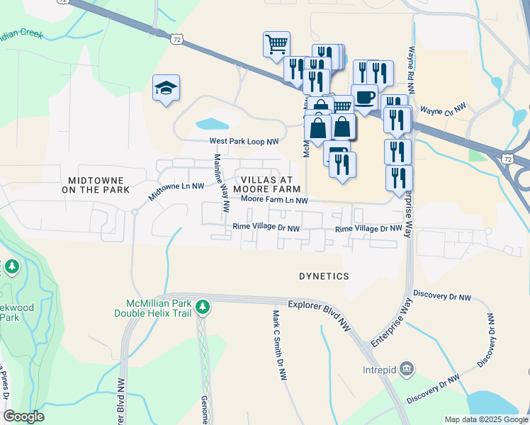 map of restaurants, bars, coffee shops, grocery stores, and more near 6244 Rime Village Drive Northwest in Huntsville