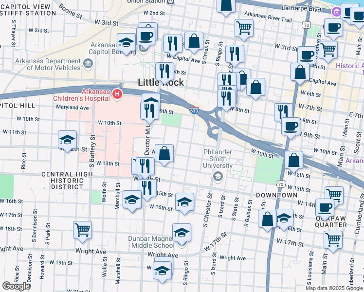 map of restaurants, bars, coffee shops, grocery stores, and more near 1217 West 11th Street in Little Rock